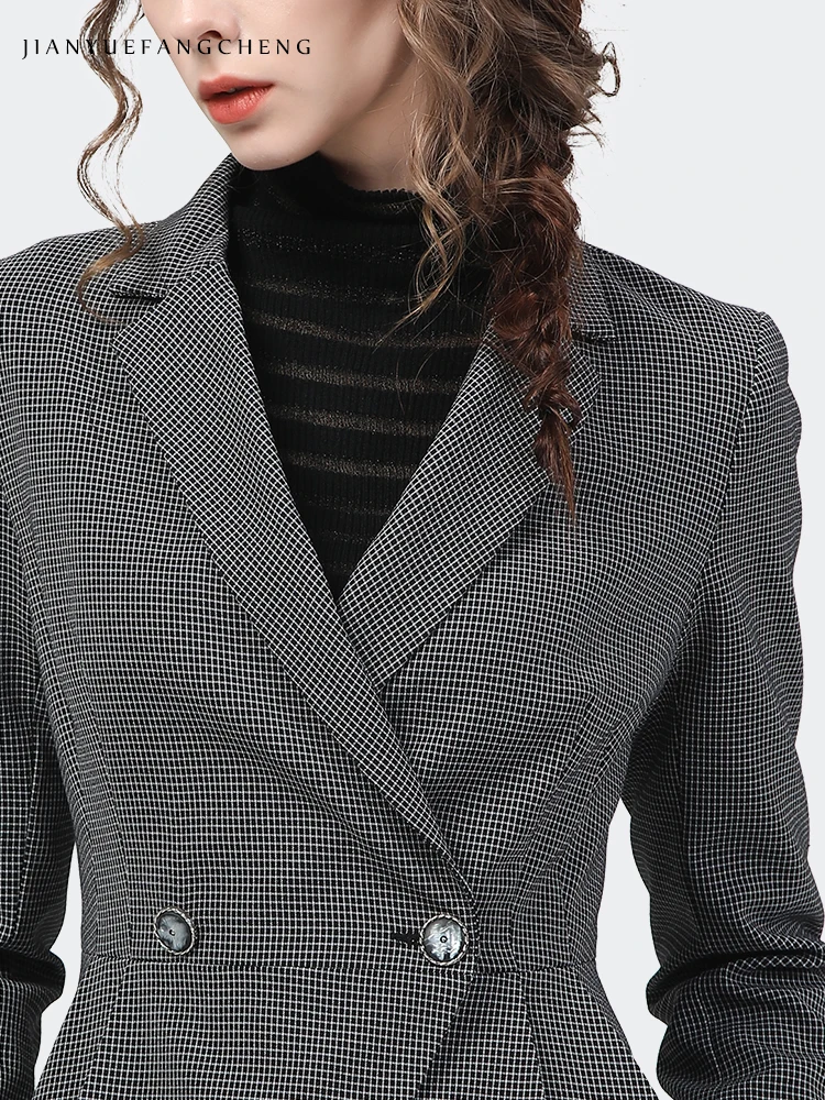 Vintage Gray Plaid Women Blazer 2021 Autumn New Ladylike Female Short Slim Coat Office Ladies Work Wear Cinched Waist Blazers