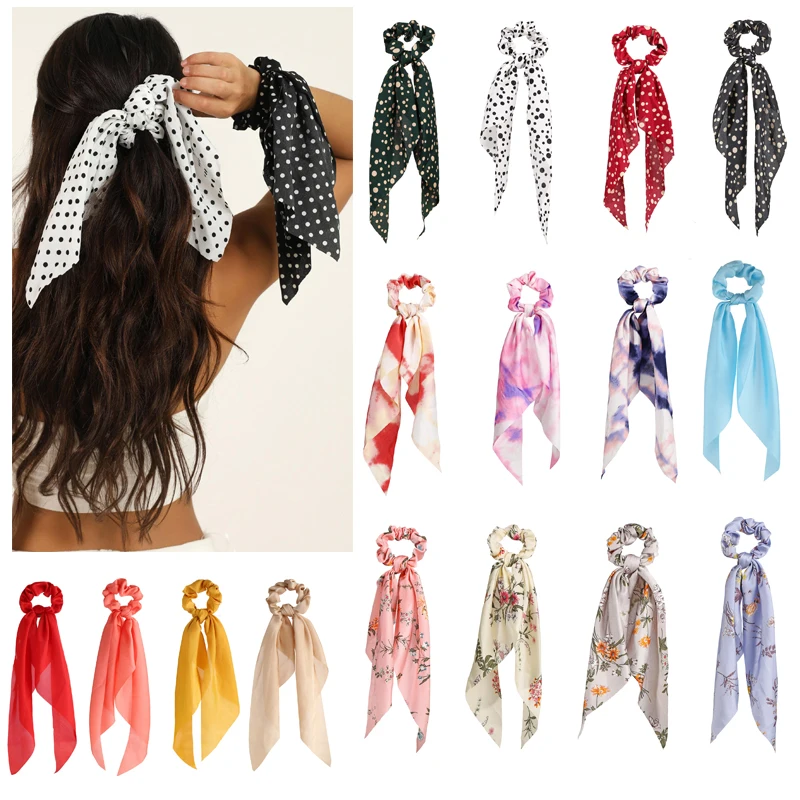 Fashion Floral Spot Hair Scrunchies Long Ponytail Hair Scarf Hair Ribbon For Women Sweet Elastic Hair Bands Hair Accessories