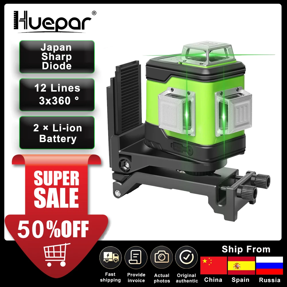 Huepar 3D Cross Line Self-Leveling Laser Level 3x360 Green Beam Three-Plane Leveling & Alignment Laser Tool &  2 Li-ion Battery