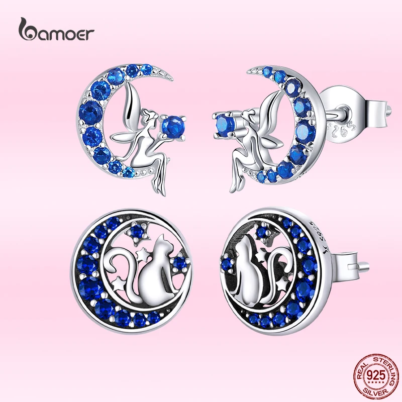 Bamoer Genuine 925 Sterling Silver Cat on the Moon Round Blue Stud Earrings for Women Ear Pins Fine Wedding Jewelry GXE880