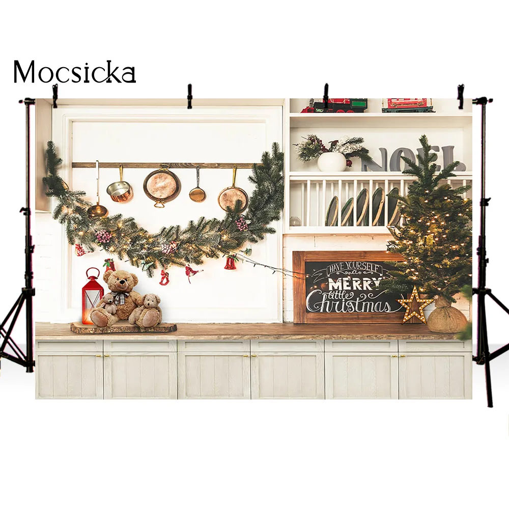 Merry Christmas Backdrop for Photography Kitchen Cupboard X-mas Tree Portrait Photo Background Props Bears and Retro Light