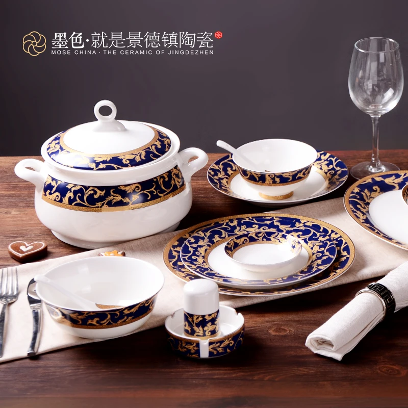 Black Jingdezhen 48 head bone china tableware dishes dishes suit European ceramics tableware blue Yu