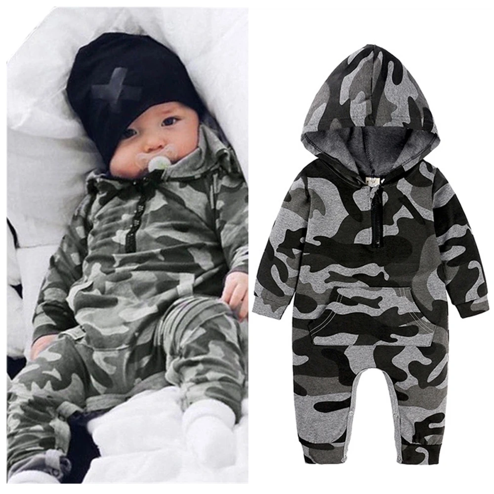 

Hooyi Baby Boys Camouflage Romper Newborn Baby Long Sleeves Zipper Jumpsuit Camo Deer Hooded Overalls Pocket Outfit Grey