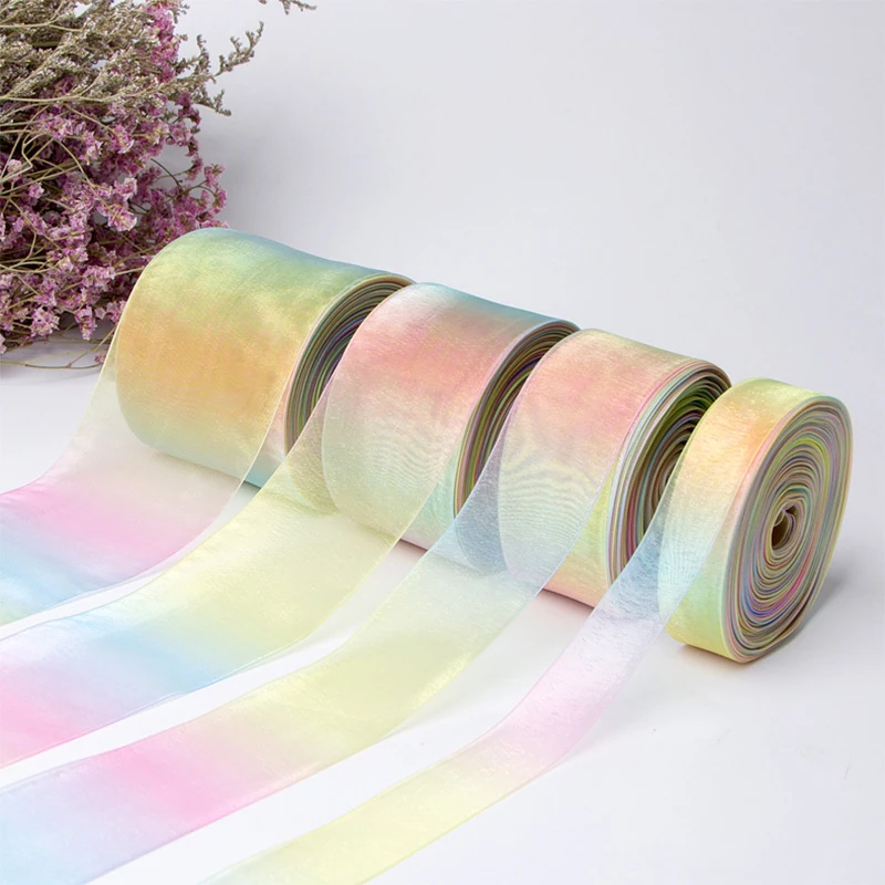 5 Yards/Roll 6 9 16 19 25 38mm Gradient Colors Rainbow Printed Organza Ribbon for Hair Bows DIY Handmade Materials Gift Wrapping