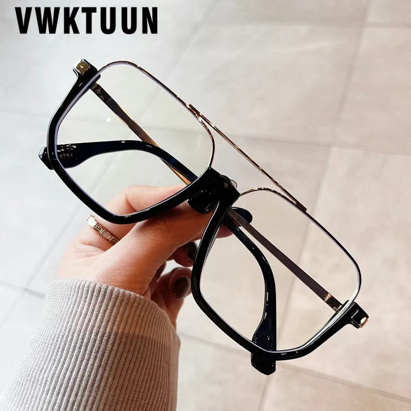 VWKTUUN Oversized Twin Beams Eye Glasses Frames Women Men Optical Glasses Frame Myopia Metal Frame Blue Light Blocking Glasses