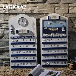 Umitive 1 pcs Mediterranean Style Blue And White Classic Solid Wood Perpetual Calendar Furnishings Decoration