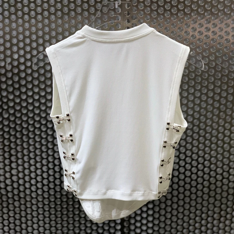 TWOTWINSTYLE White Minimalist Patchwork T-shirt Female Round Neck Sleeveless Korean Fashion Slim Solid T-shirts For Women Summer