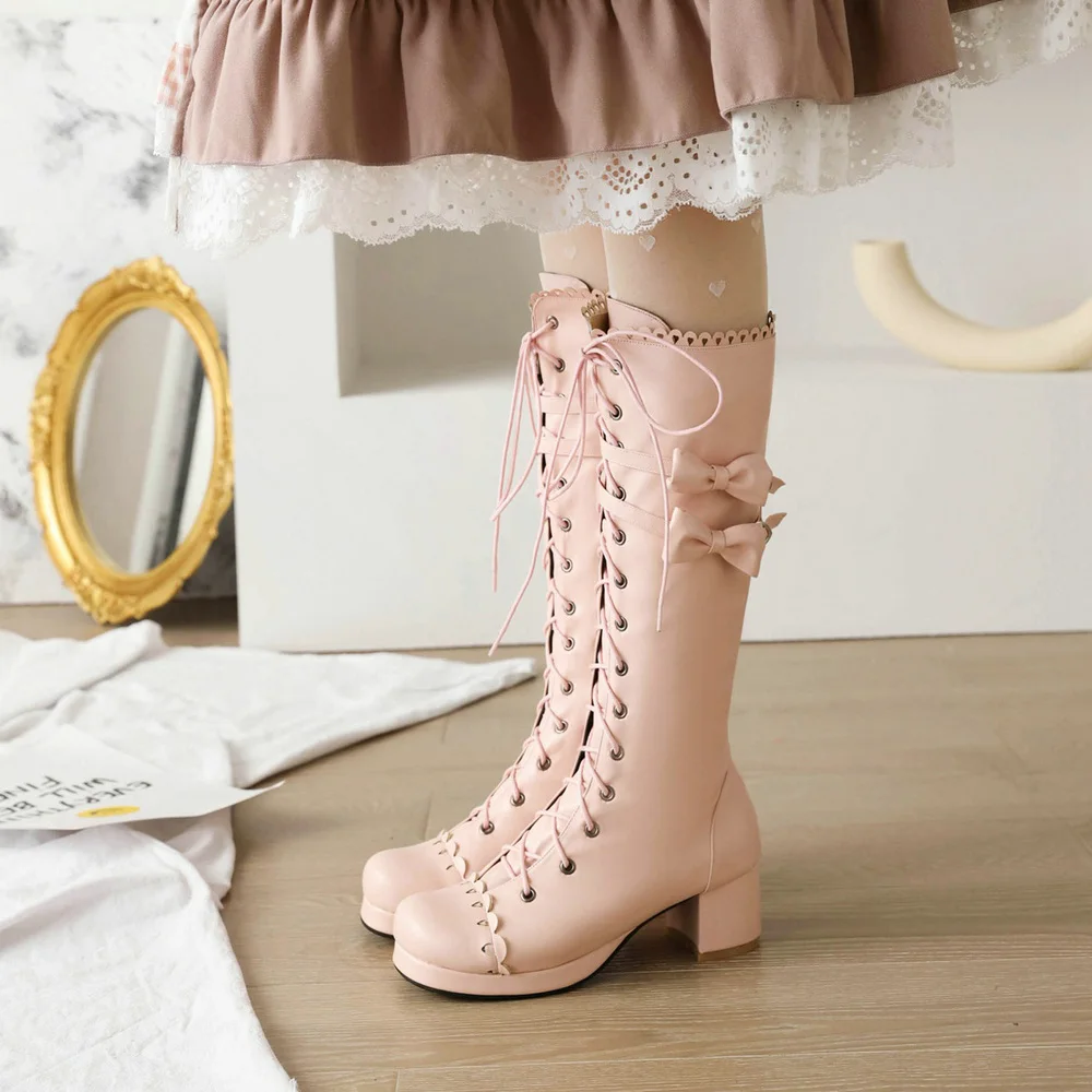 Winter Warm Lolita Boots Cute Girl Bow Cosplay Princess Shoes Cross Tied Side Zip chuncky Thick Knee High Womens Platform Bootie