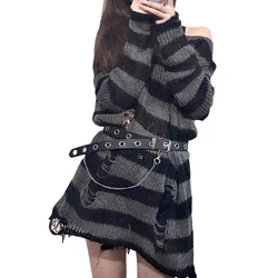 Plus Size Punk Gothic Long Unisex Sweater Dress Women Man Striped Cool Hollow Out Hole Broken Jumper Loose Rock Thin Sweter 2022