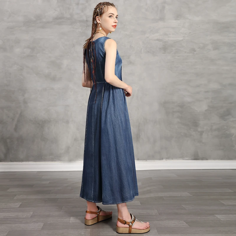 Summer Dress 2020 Yuzi.may Boho New Denim Women Dresses Sleeveless Vintage Embroidery Swing Hem Sundress A82229 Vestidos Female