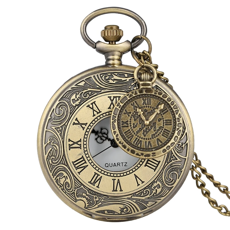 Retro bronze gravado numeral romano relógio de bolso de quartzo oco antigo colar corrente presentes para homens relógio feminino acessório