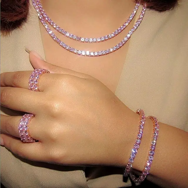 Róża pozłacany różowy łańcuszek do tenisa zestaw biżuterii wysokiej jakości pinky girl moda wysokiej jakości naszyjnik bransoletka zestaw pierścieni