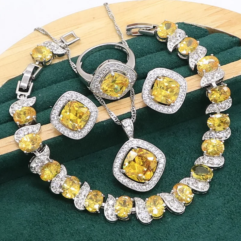 Geometric Yellow Zircon 925 Sterling Silver Jewelry set for Women Wedding Bracelet Stud Earrings Necklace pendant Ring