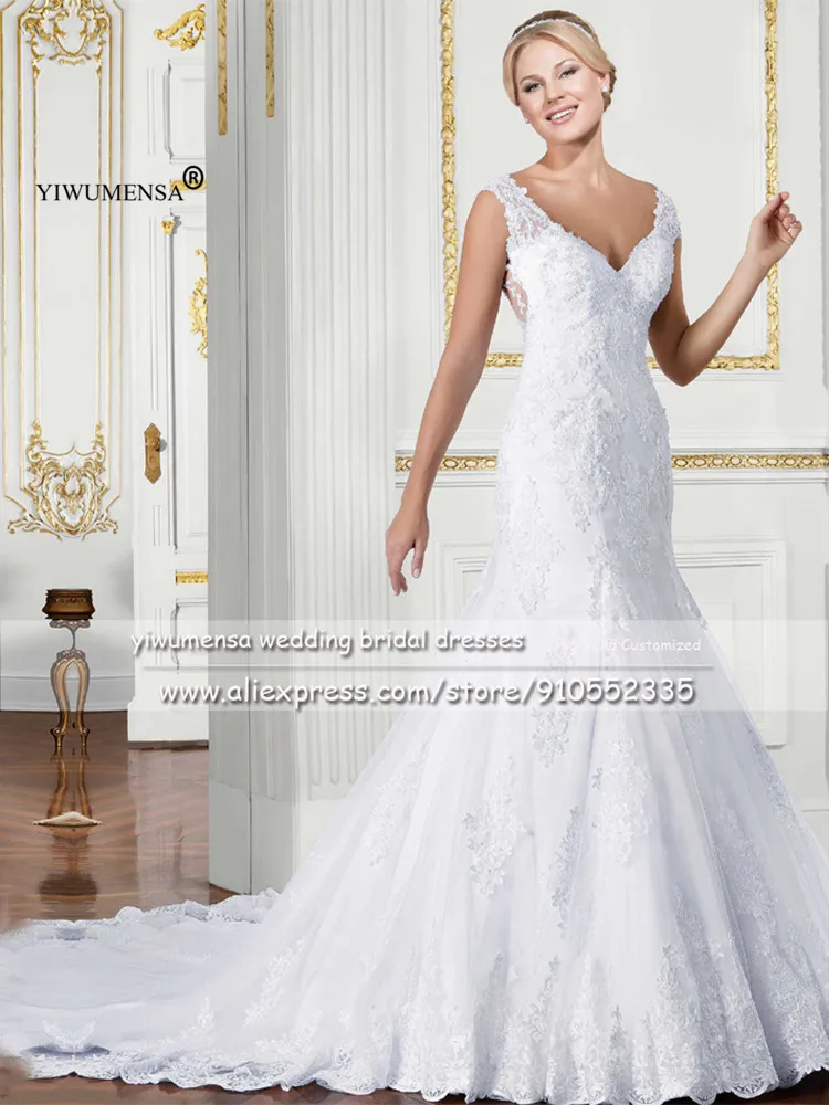 YIWUMENSA abiti da sposa a sirena con scollo a V di lusso abiti da sposa in rilievo con applicazioni di pizzo bianco abiti da sposa in rilievo abiti