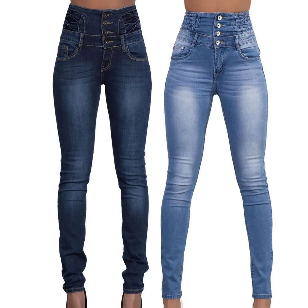 High Waist Women Jeans Multi Pockets Sexy Multi Breasted Stretchy Denim Pants Trousers
