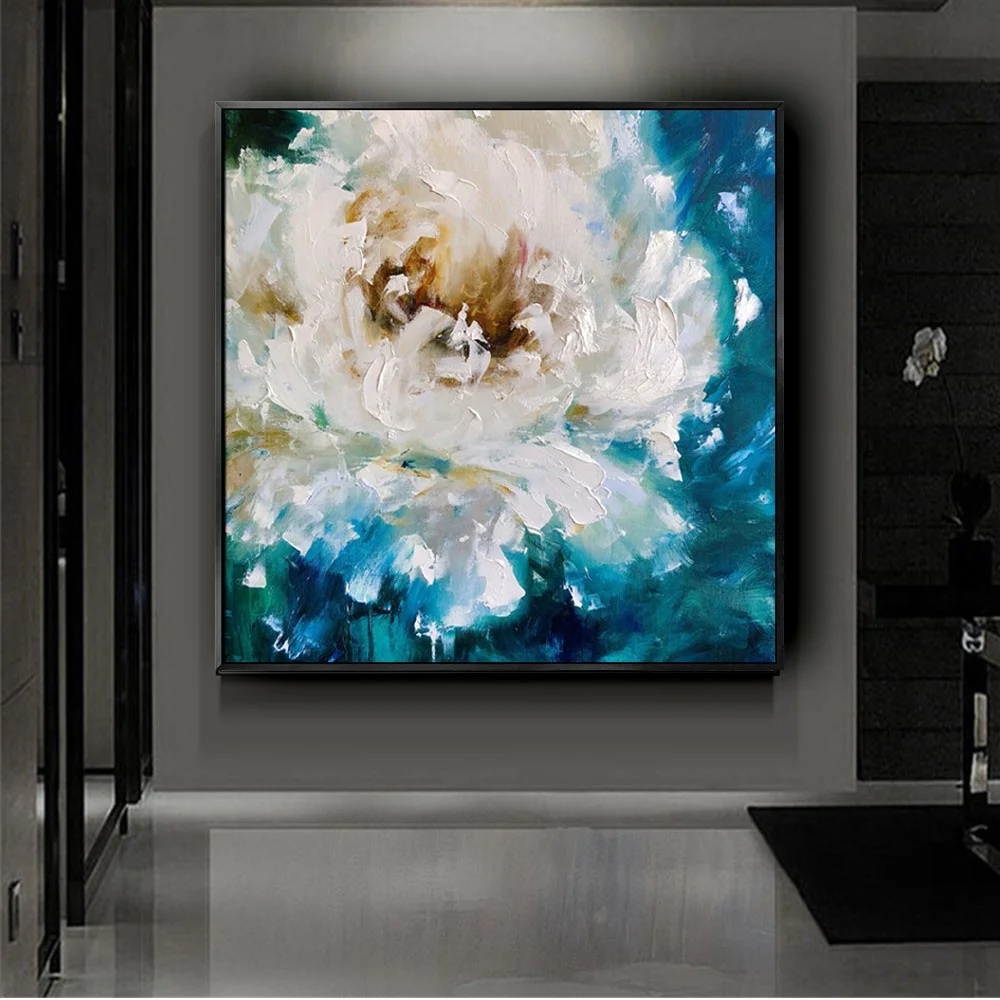 Pure Hand Painted Abstract Oil Painting Thick Textured  Pop Art White Bluer Canvas Painting For Living Room Home Decor Painting