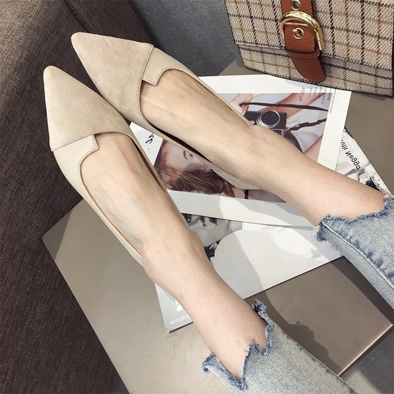 Women Flats Flock Leather Pointed Toe Solid Color Apricot Plus Small Size 31 32 33 34 Big Size 43 44 45 46 Lady Flat Heel Shoes