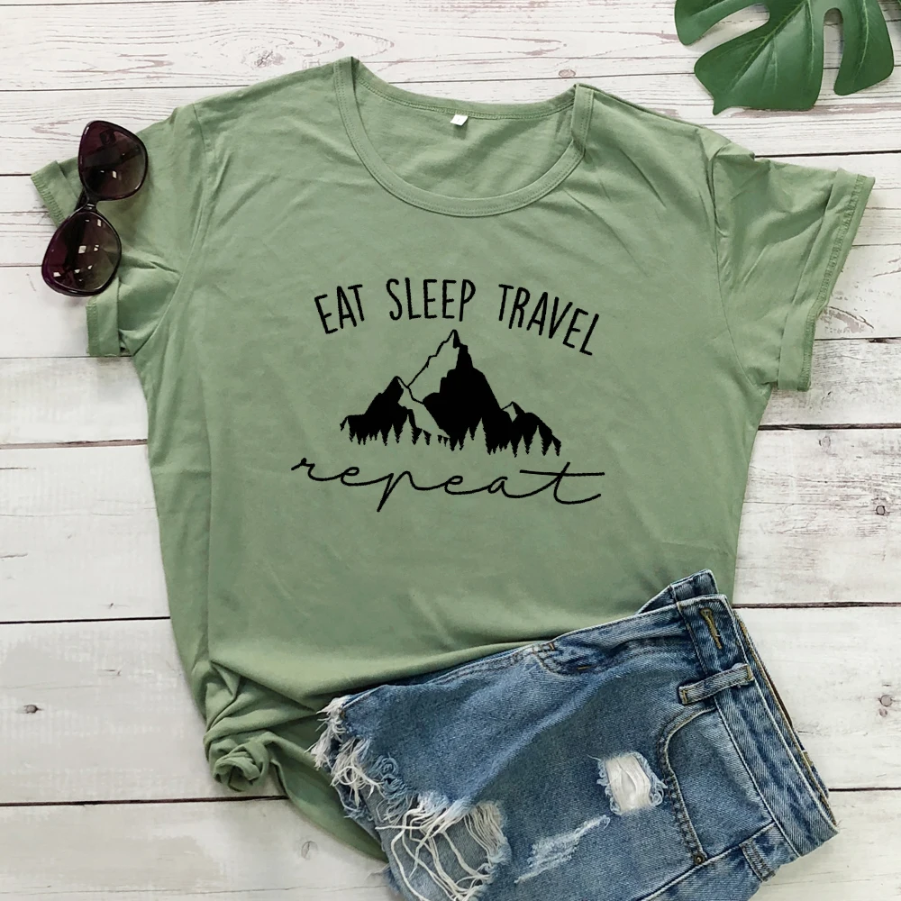 Eat Sleep Travel Repeat mountain t-shirt Unisex Adventure escursionismo Tshirt Outfit Casual Women Camping Outdoor Graphic Tees Tops