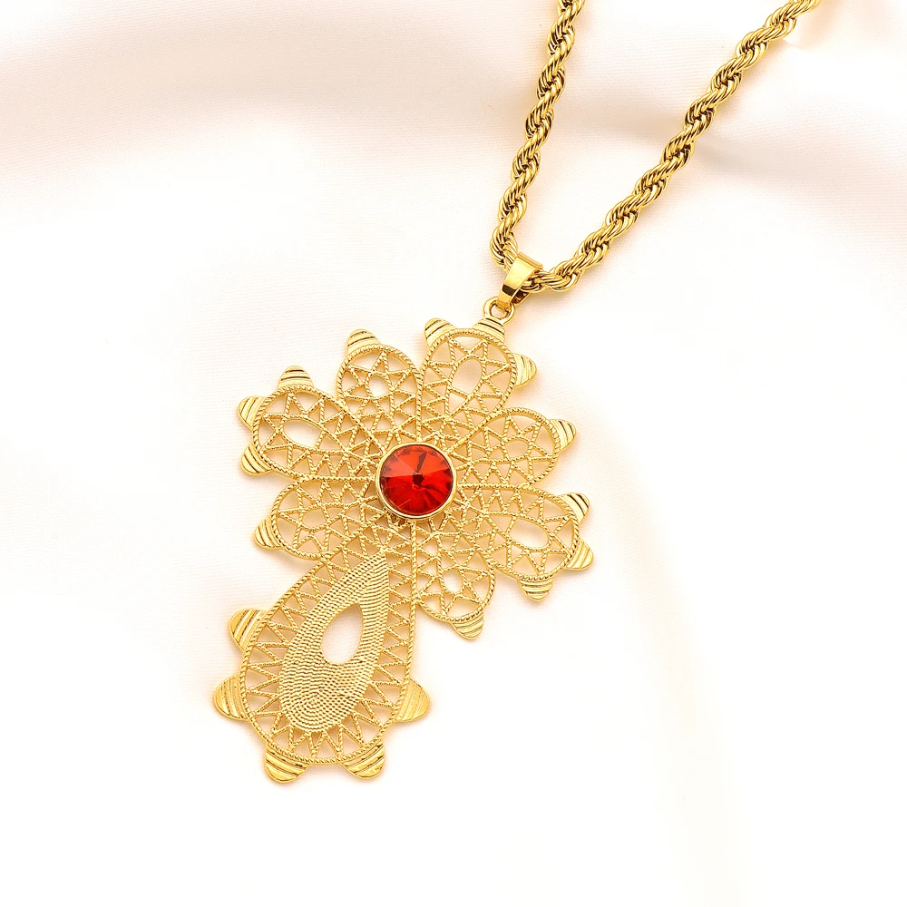 

Exaggerate Ethiopian Gold Color Red Zircon Cross Pendant Necklace For Women Elegant Vintage Arab Africa Jewelry Gifts