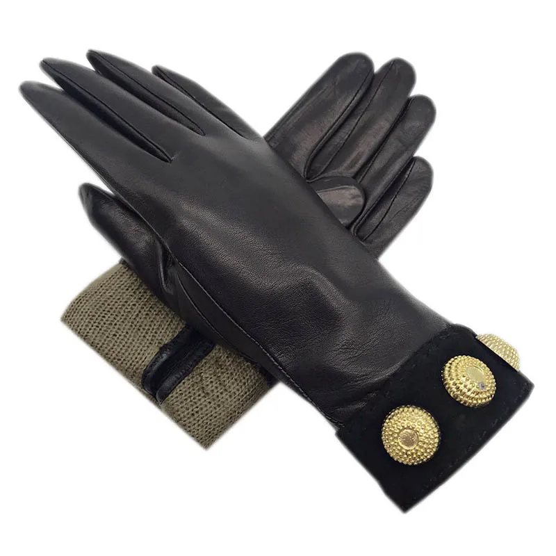 Guantes de piel de oveja de moda para mujer de invierno Piel de oveja negra de alta calidad Cómodos y suaves guantes de cuero nuevos Forro de lana