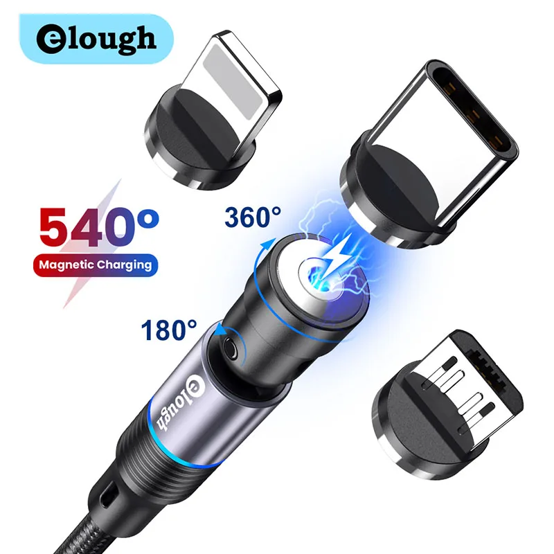 Elough LED Magnetic Cable Micro USB Type C Cable Fast Charging For iPhone 13 12 11 Pro Xiaomi 540 Rotate Magnet Charger USB Cord