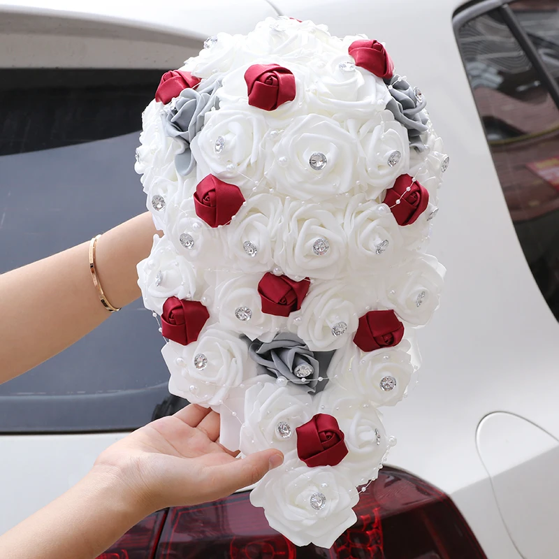 

New Waterfall Wedding Bridal Bouquet Wine Red Exquisite Diamond Rose Bud DIY Bridesmaid Bouquet Church Decoration W320