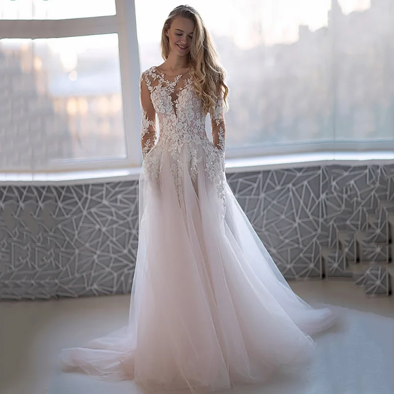 Vestidos de novia rosa claro delicados, Vintage, manga larga, encaje, 2021 cuentas, perlas, línea A, botones, cremallera