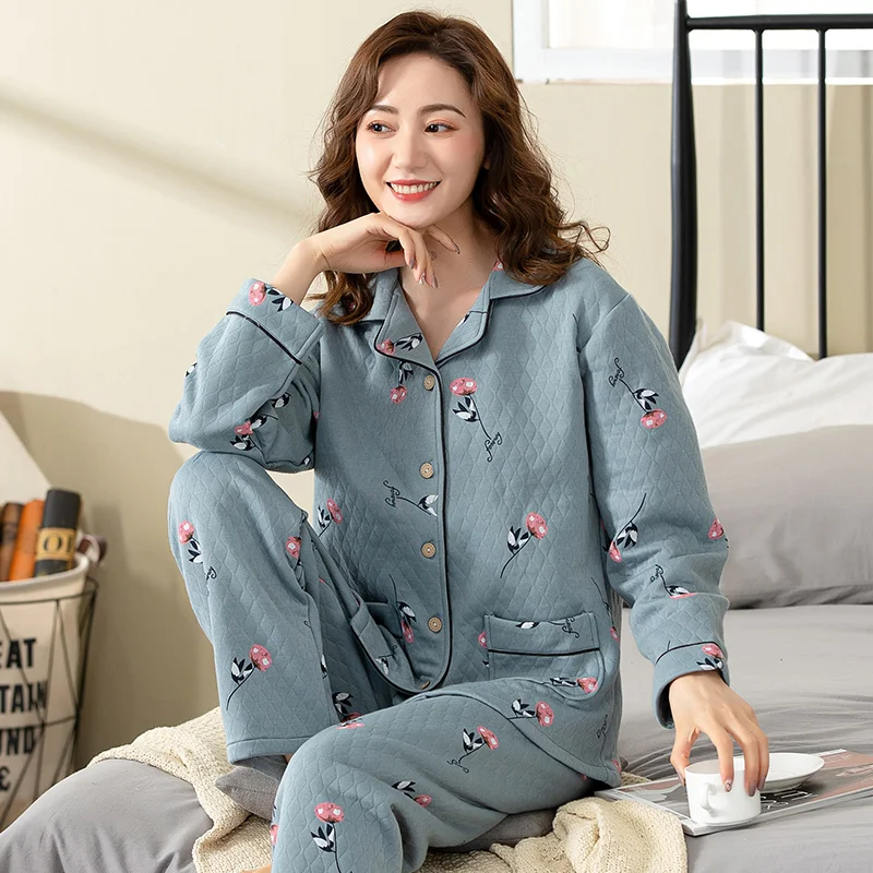 Pajamas women's autumn and winter thick long-sleeved laminated air cotton home service female warm M-XXXL thin quilted suit