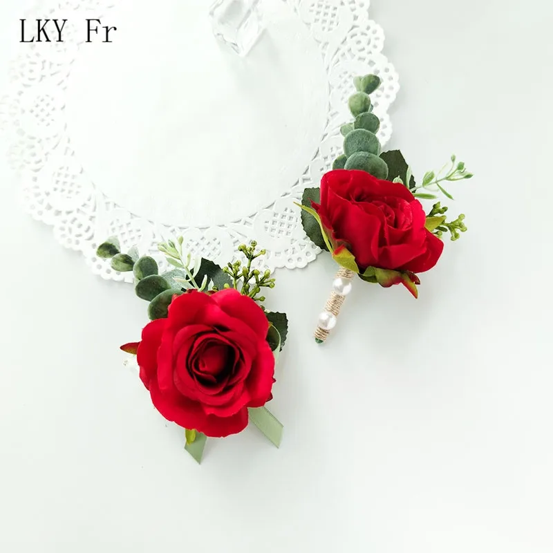 LKY Fr Boutonniere Pin Wedding Corsage Bracelet Bridal White Pink Roses Silk Flower Marriage Accessories Groom Buttonhole Brooch