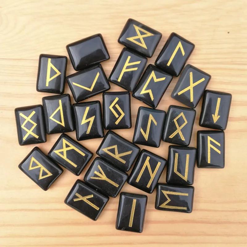 Wholesale 25pcs/lot Natural black onyx Stone Viking Runes Amulet Set Reiki Healing Divination Tumbled rectangle Stones