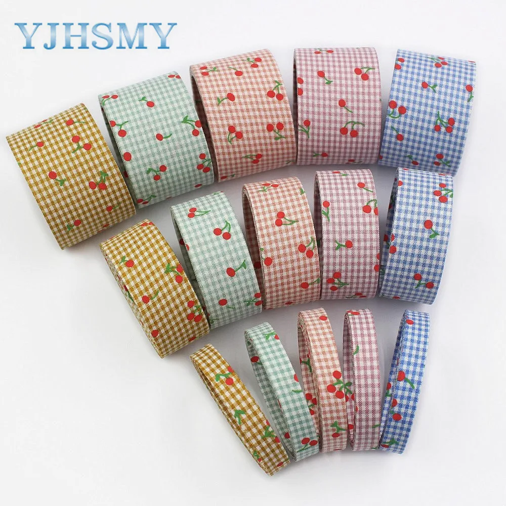 L-20918-978Multi-size 5YPlaid cherry clothDouble-sided Ribbon, Diy Handmade Bow Hair Ornament ribbon Fabric webbing