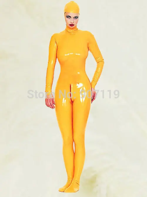 

Latex/Rubber/Fetish/Catsuit/Costume/Masquerade/sexy/party/Orange-Long-Sleeves-Latex-Catsuit-With-Attached-Open-Faced-Hood