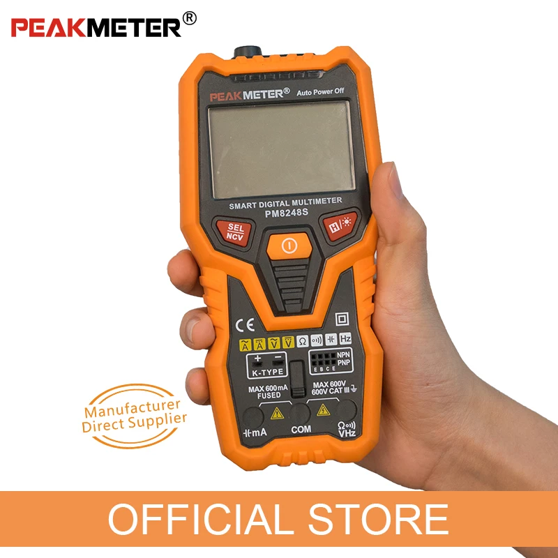 Peakmeter PM8248S Smart AutoRange Professional Digital Multimeter Voltmeter NCV Frequency Backlight Temperature Transistor test