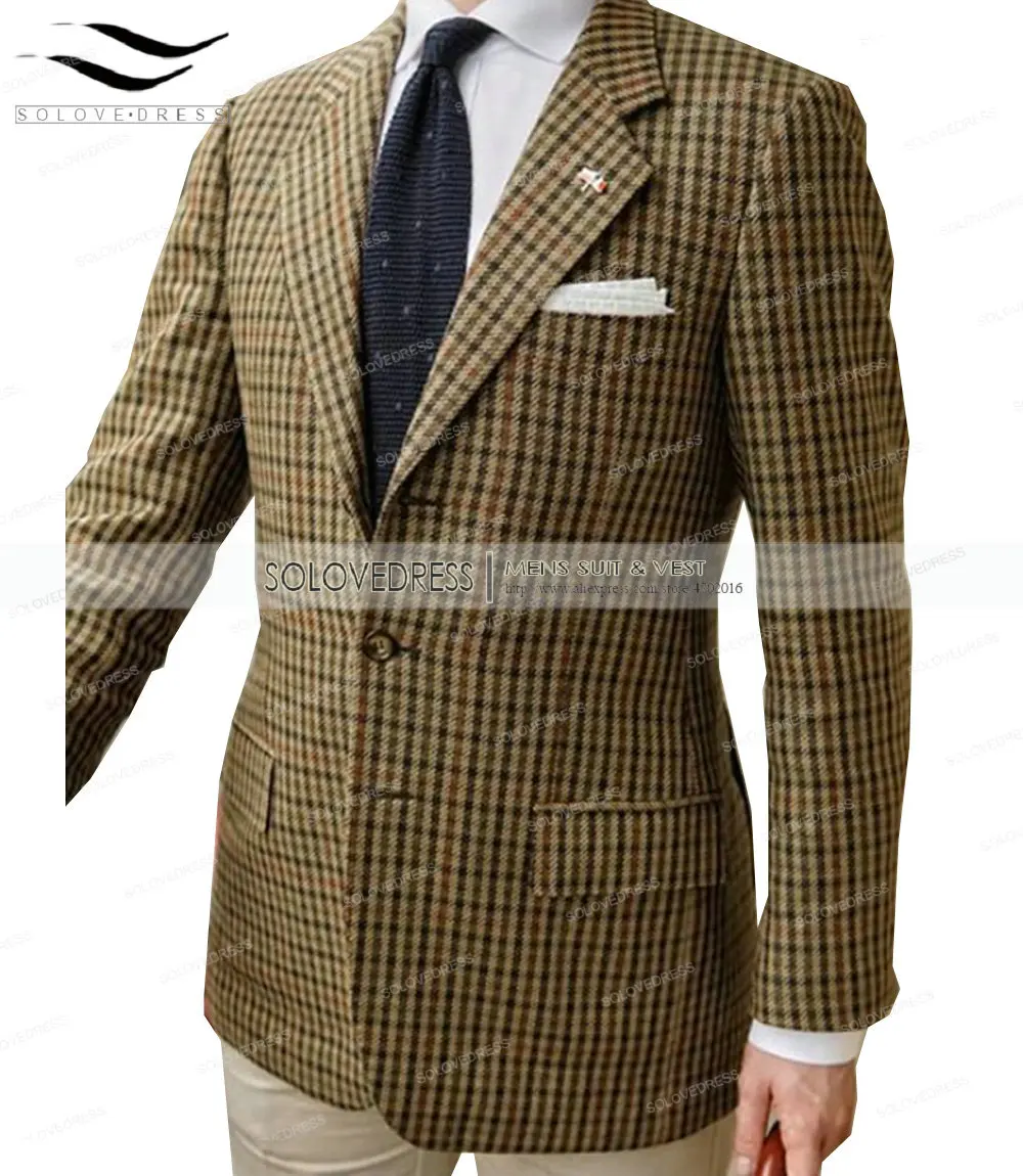 Formal Men\'s Suits Regular Fit Plaid Wool Tweed Prom Army Green Tuxedos Solid Business Brown Suits for Wedding Grooms Best Man