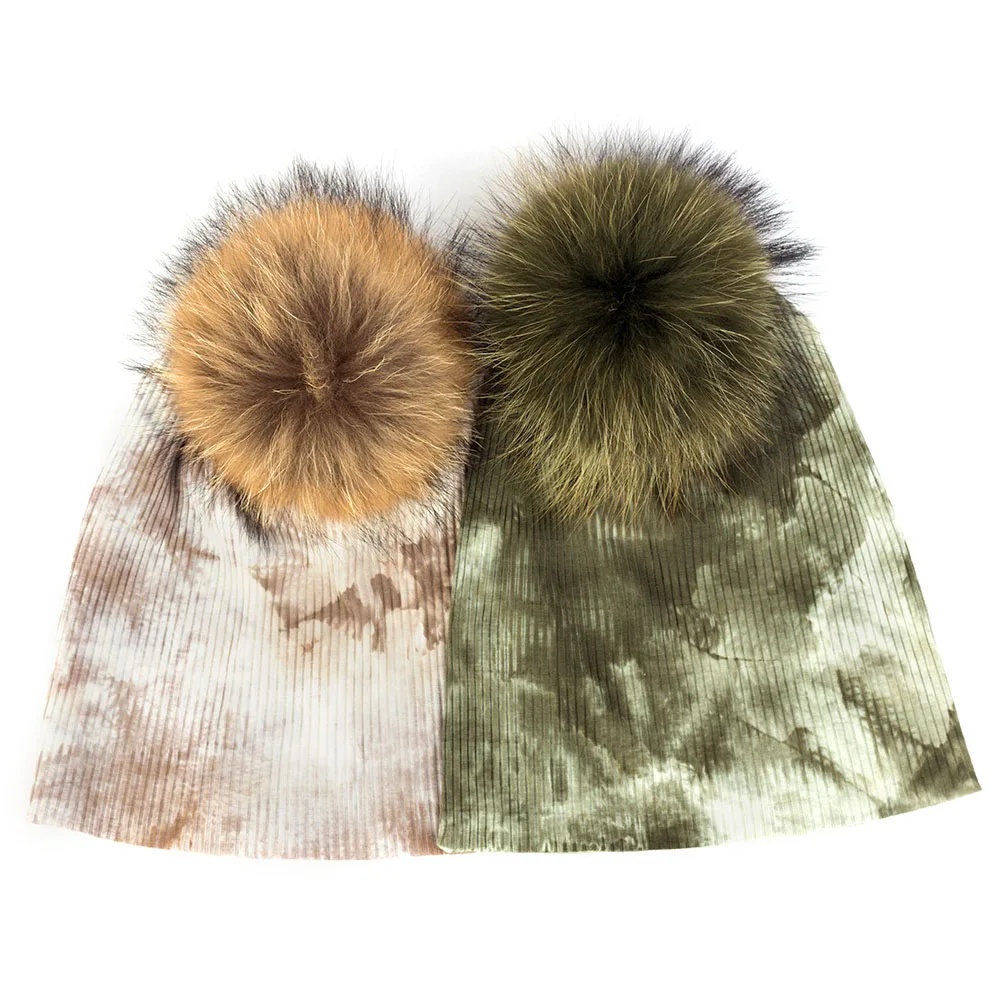 Geebro Women Cotton Girl Tie Dye Skullies Beanies With Real Raccoon Fur Pompom Hats Men Boy Fashion Winter Warm Soft Caps Bonnet