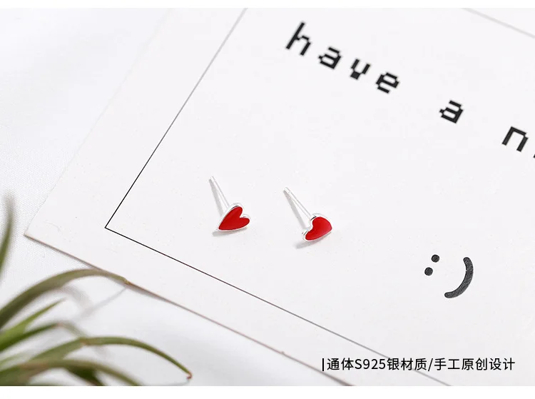 Real 925 Sterling Silver Red heart Stud Earrings for Women Girls Fashion sterling-silver-jewelry brincos brinco