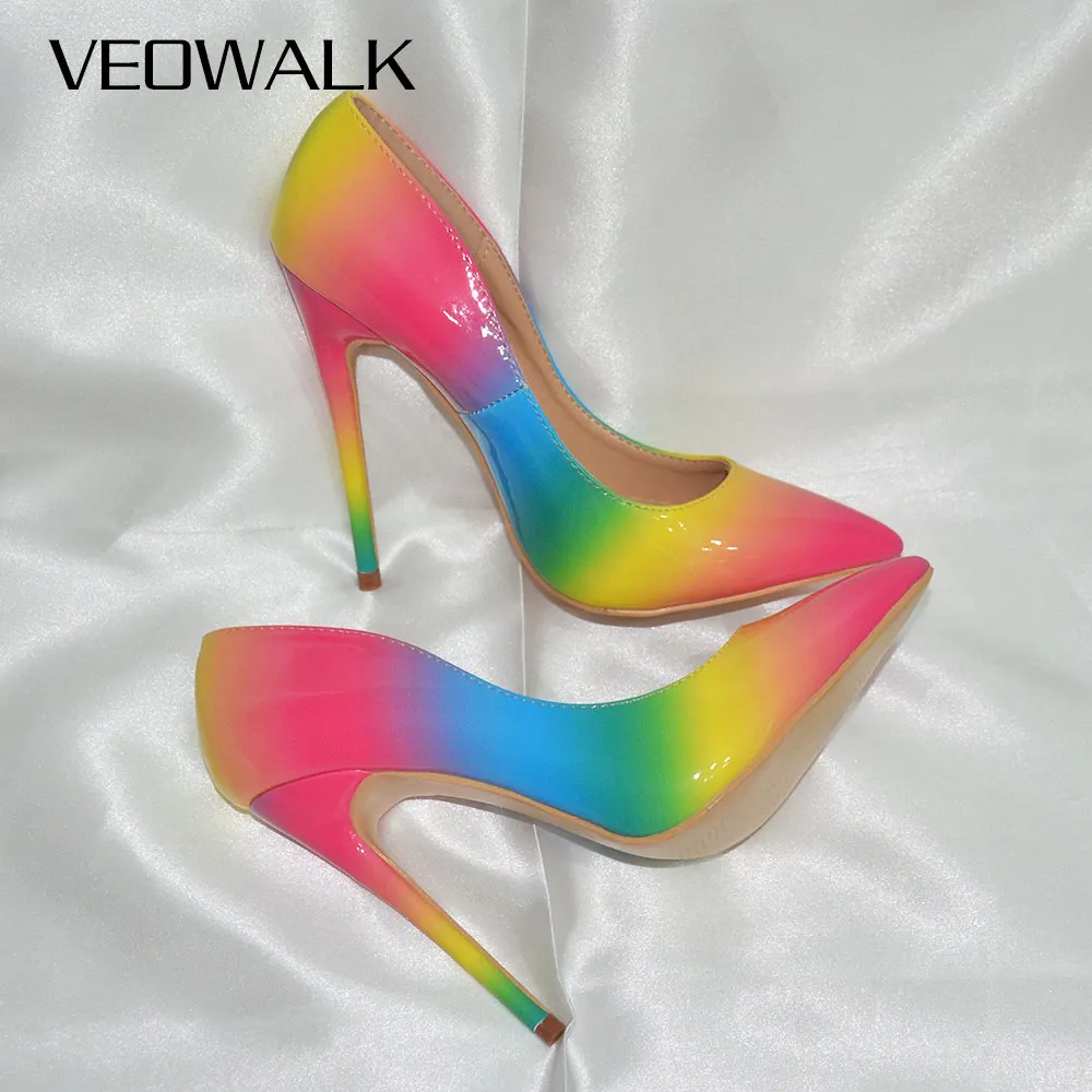 Veowalk Rainbow Colorful Patent Leather Women Sexy Stiletto Extemely High Heels, Ladies Fashion Pointed Toe Pumps Party Shoes