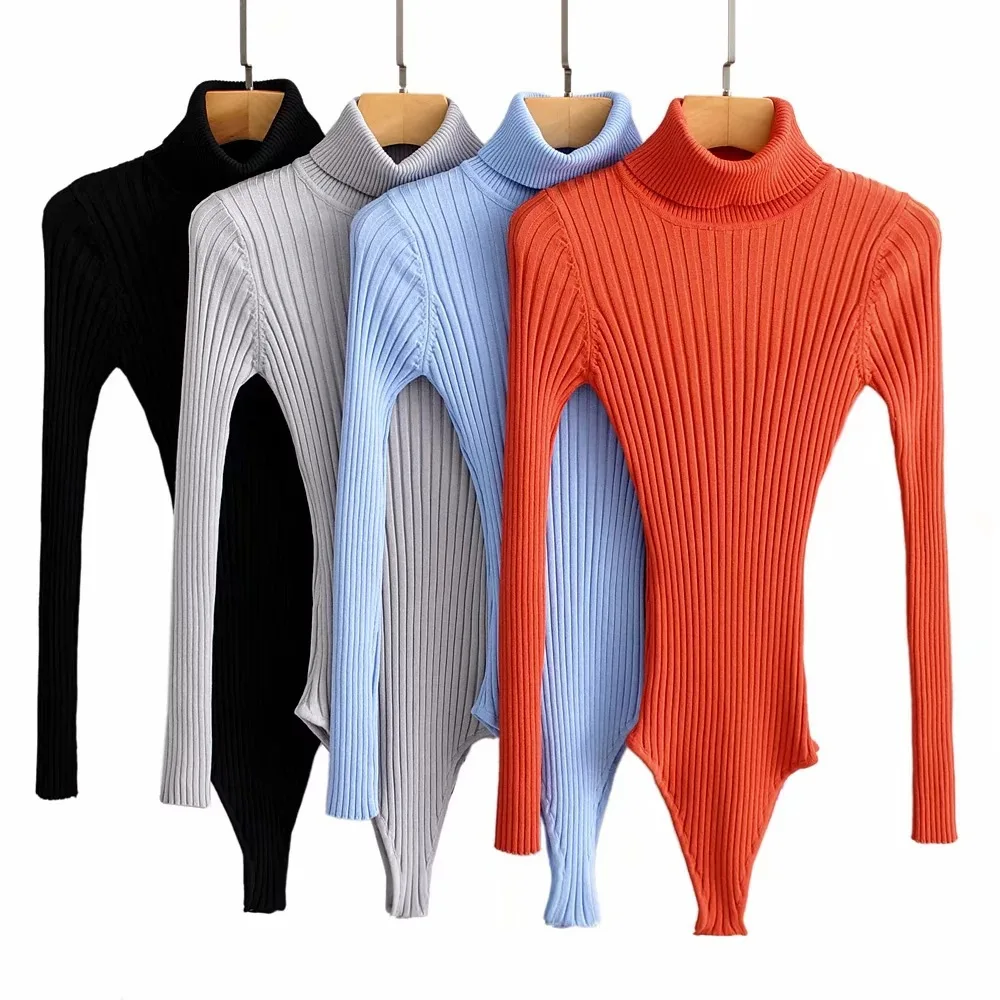 Women Knitted Solid Turtleneck Long Sleeve Black Grey Orange Blue Bodysuit Top Jumpsuit