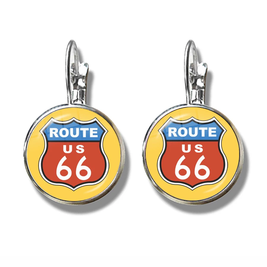 New ROUTE 66 French Hook Earring USA ROUTE 66 Road Logo 16mm Glass Cabochon Jewelry Accessory For Women Weathered Road Sign Gift