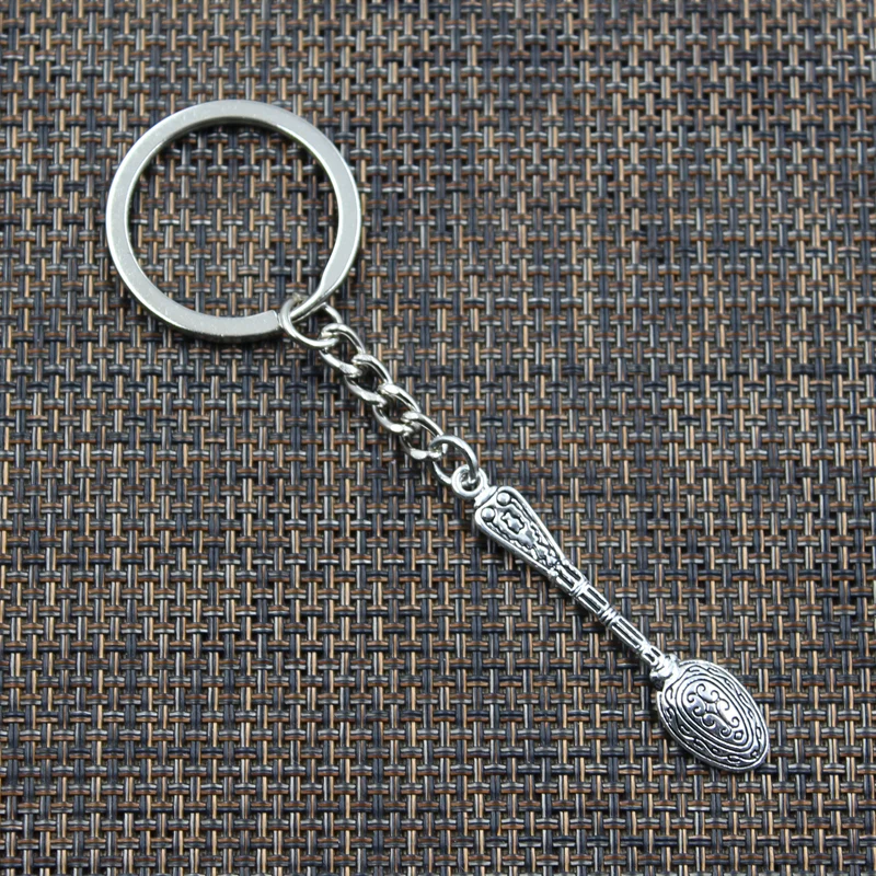 New Fashion Men 30mm Keychain DIY Metal Holder Chain Vintage Pattern Spoon 48x10mm Silver Color Pendant Gift