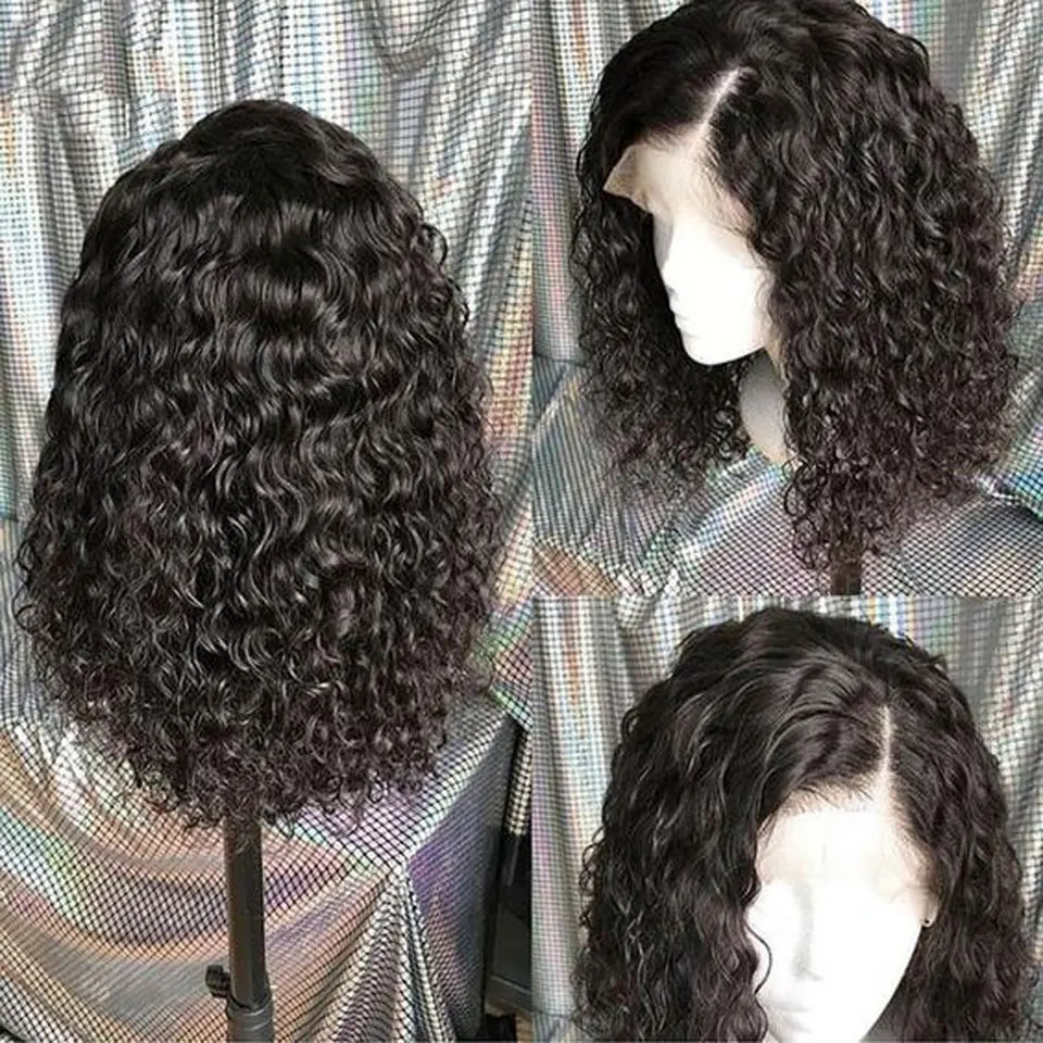 Curly Bob 13X4ลูกไม้ด้านหน้าด้านหน้ามนุษย์ Wigs สำหรับผู้หญิงสีดำบราซิล Remy Glueless 4X4 5X5ปิดลูกไม้คลื่นลึกด้านหน้า