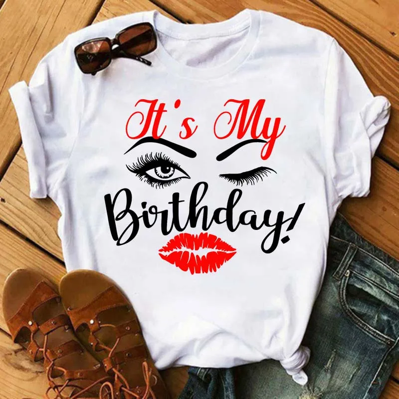 

Funny Eyelash And Lips Print Women T Shirt Fashion Graphic T Shirts Funny Happy Birthday Party Tshirt Casual Female Tops Tees