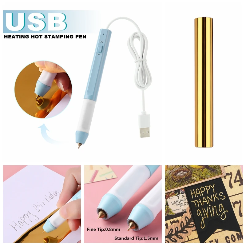 

0.8mm/1.5mm Tip USB Heating Hot Stamping Pen & 15cm*3m Gold Heat-activated Foil Used on Paper Leather DIY Making Template 2020