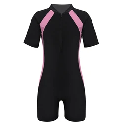 Children One-piece Swimwear Stand Collar Short Sleeves Color Swimming Bathing Suiti Short Rash Guard Jumpsuit Cool Kids Swimsuit