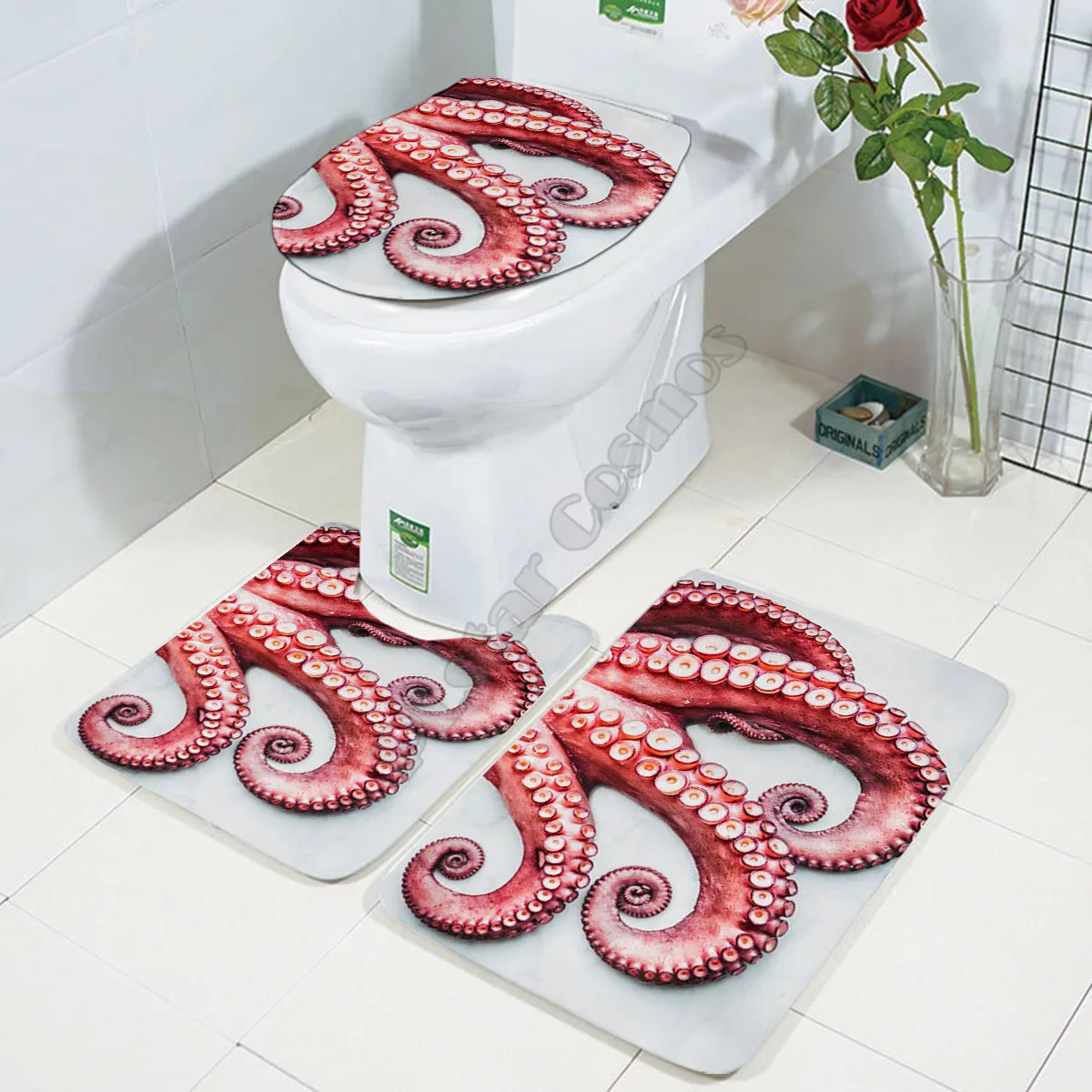 Octopus Three-piece set 3D printed Bathroom Pedestal Rug Lid Toilet Cover Bath Mat Set drop shipping 3