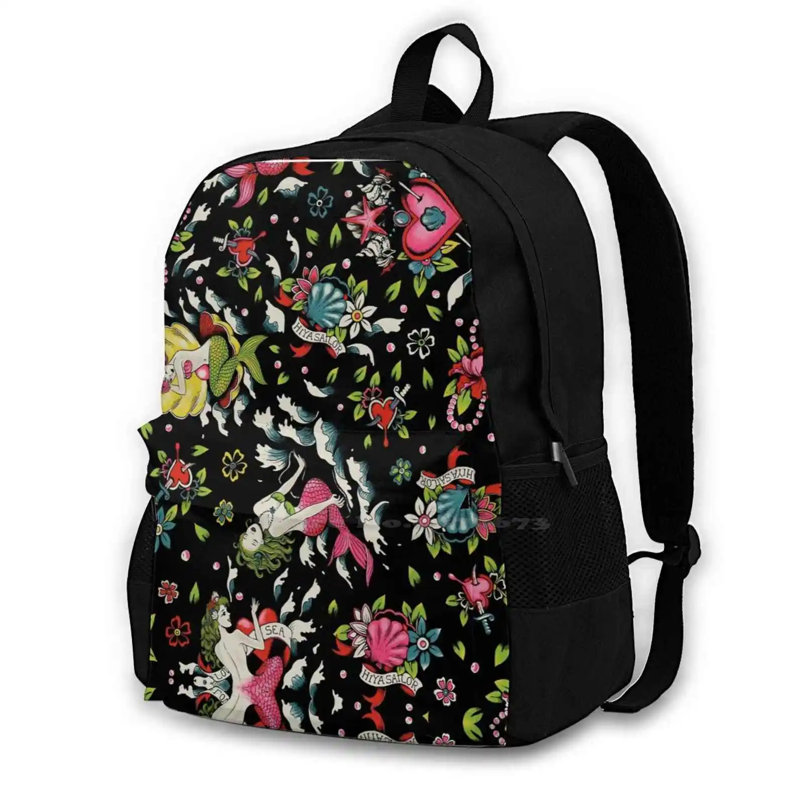 Summer Tail ( On Black ) Hot Sale Schoolbag Backpack Fashion Bags Pearls Crown Flowers Sea Shells Seaweed Waves Ocean Summer