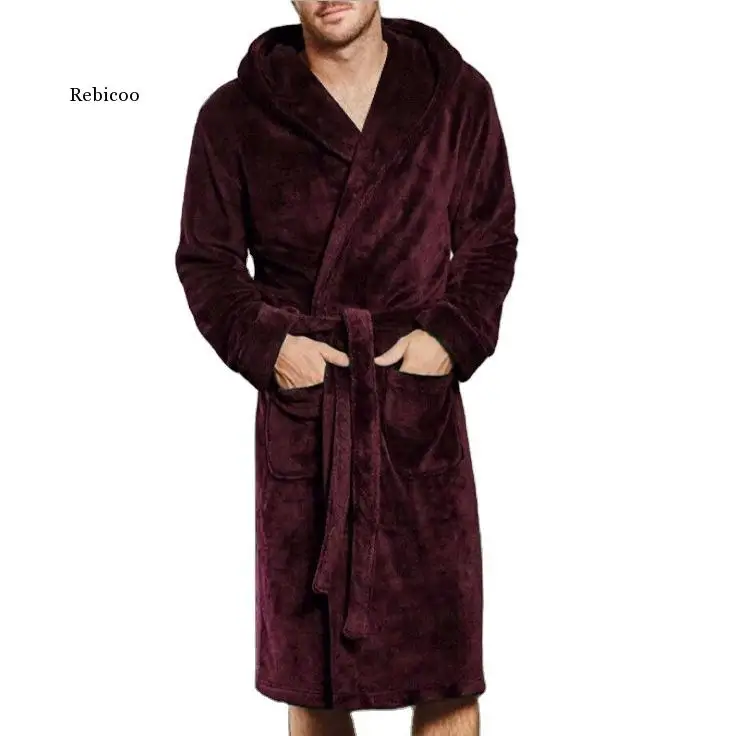 

Men Solid Hooded Bathrobe Towel Soft Gown Midi Robe Lounge Wear Winter