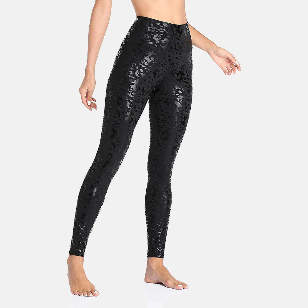 Leggings sportivi da donna charmperdite in ecopelle stampa leopardata Tummy Control allenamento pantaloni da Yoga tasca nascosta in vita