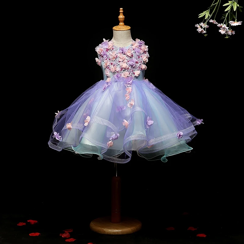 Light Blue Tulle Princess Ball Gowns Wedding Tutu Dress for Girl Beading Appliques Party Flower Girl Dresses Trailing Prom Gowns