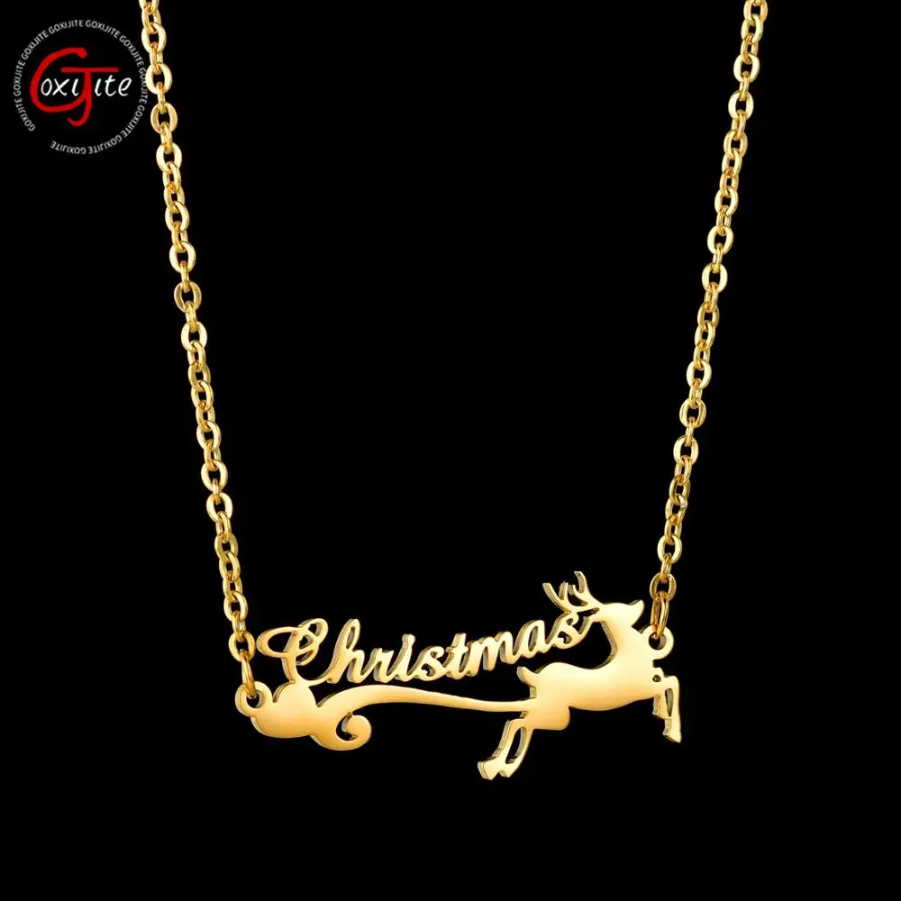 Goxijite Personalized Merry Christmas Cap Deer Name Necklace For Kid Children Stainless Steel Custom Nameplate Necklaces Gift